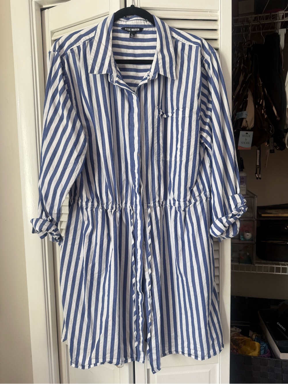 Steve Madden Blue and White Striped Long Sleeve Shirt Dress - Picture 1 of 4